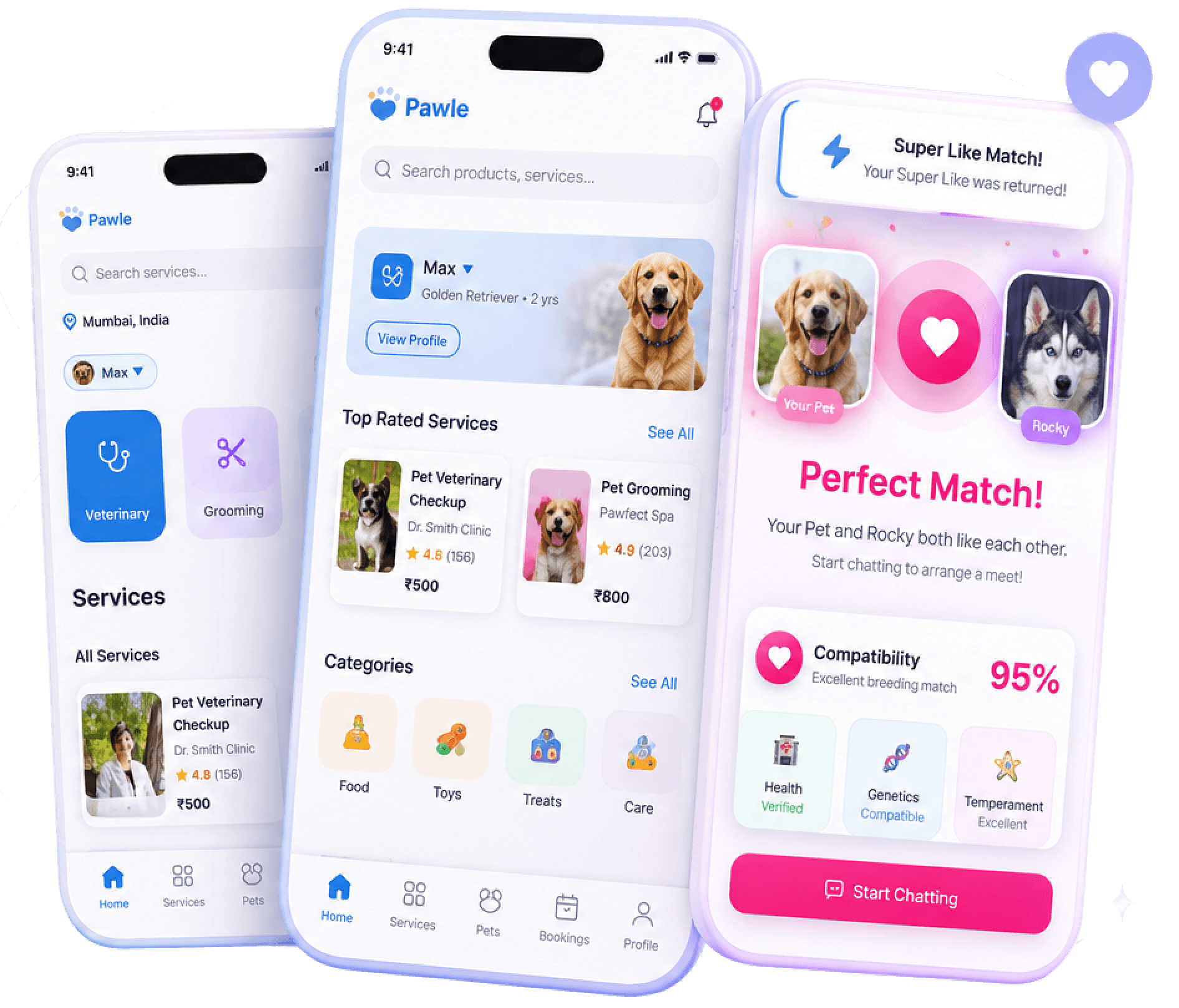 Pawle pet care app — mobile booking, health overview, and matching screens
