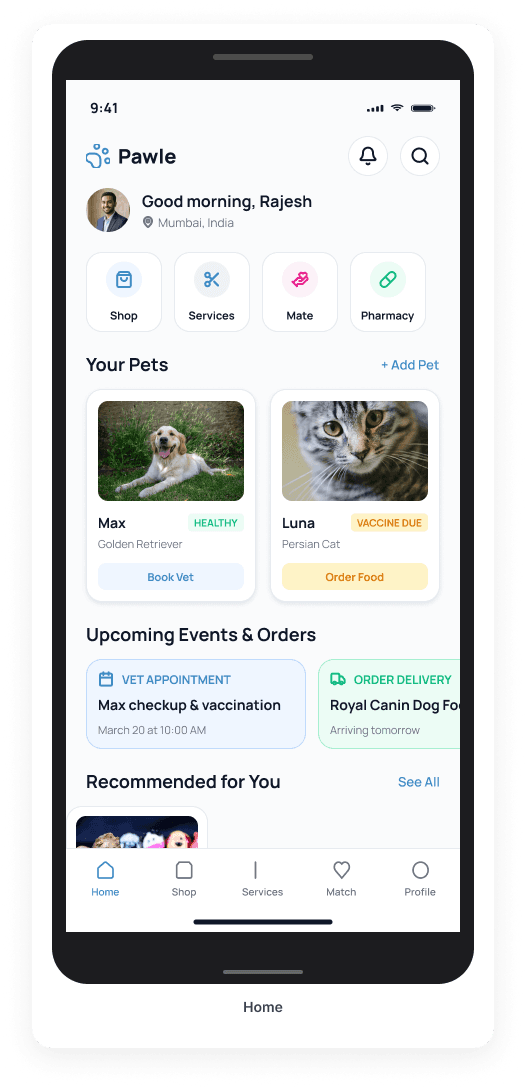 Pawle app — Home screen