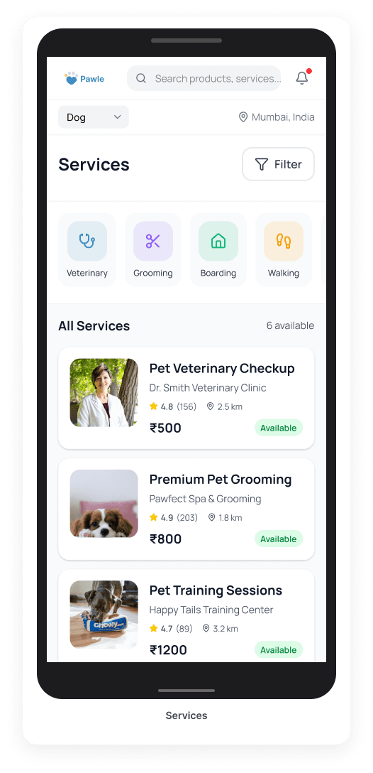 Pawle app — Services screen