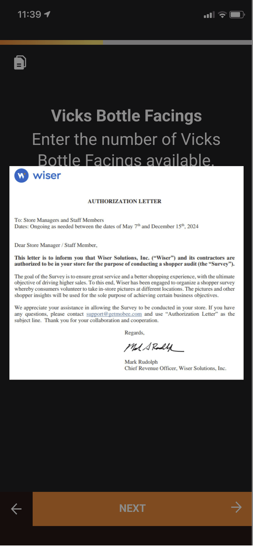 Mobee — Letter of Authorization screen