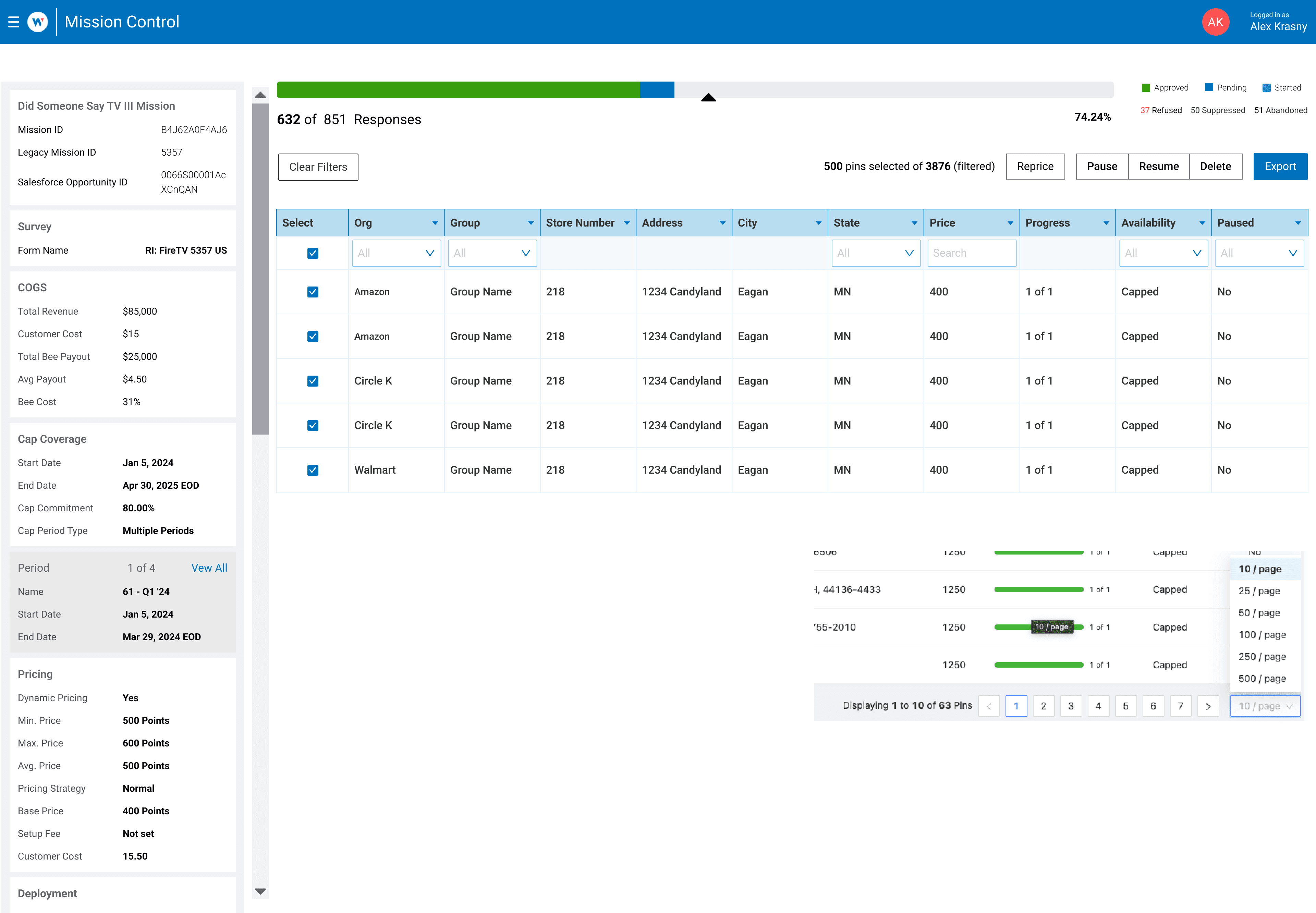 Mission Control pricing dashboard