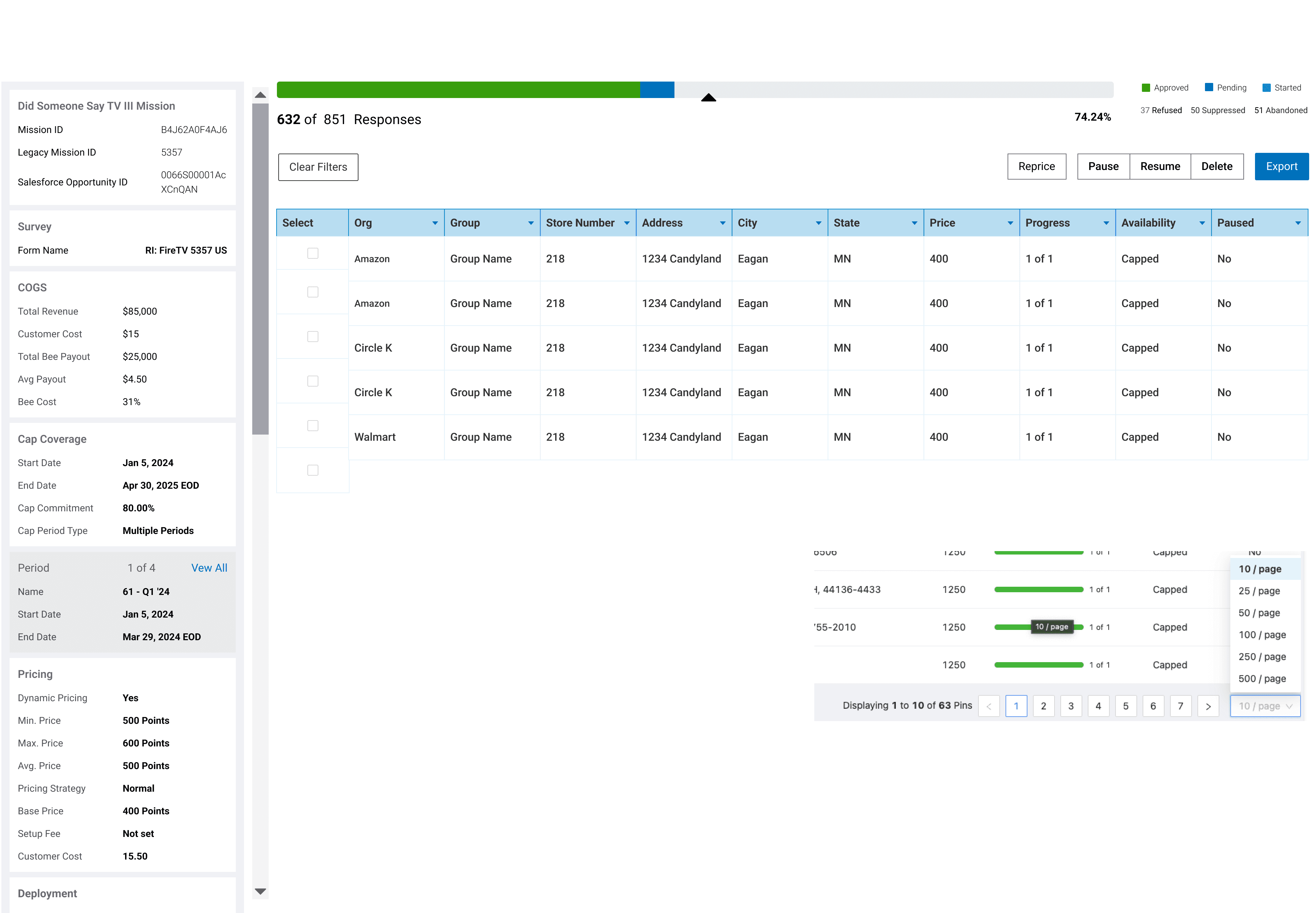 Mission Control pin-level pricing table
