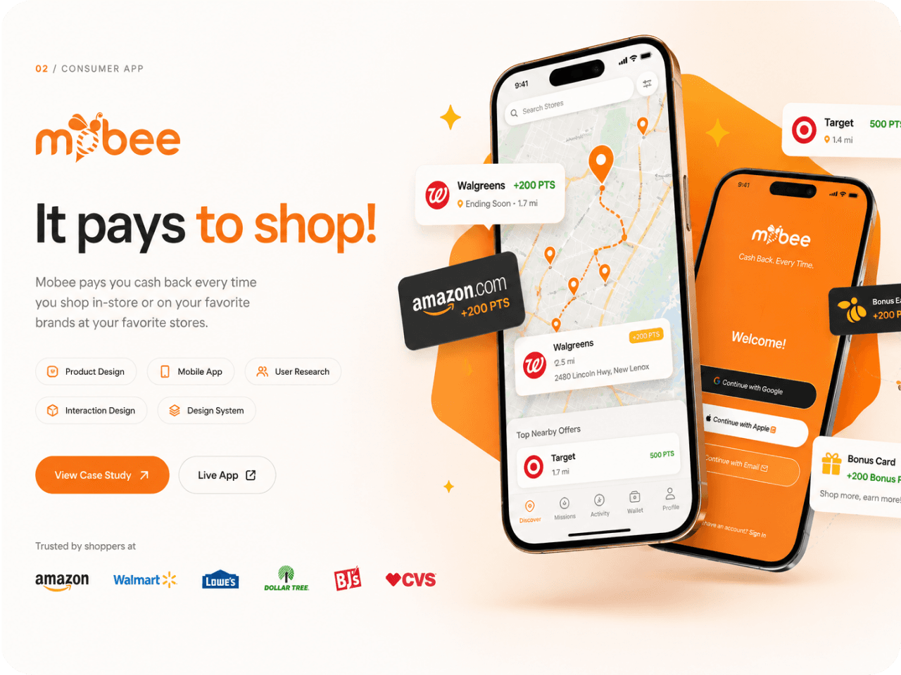 Mobee — cashback shopping app screens with map-based nearby offers