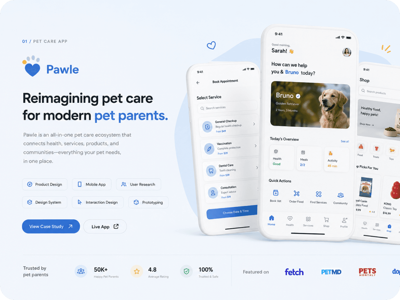 Pawle pet care app — mobile booking, health overview, and shop screens