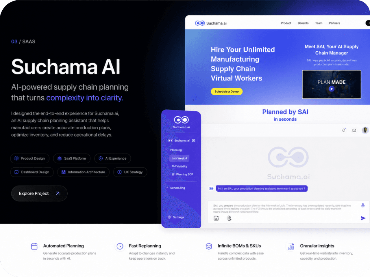 Suchama AI — supply chain planning website and AI assistant interface