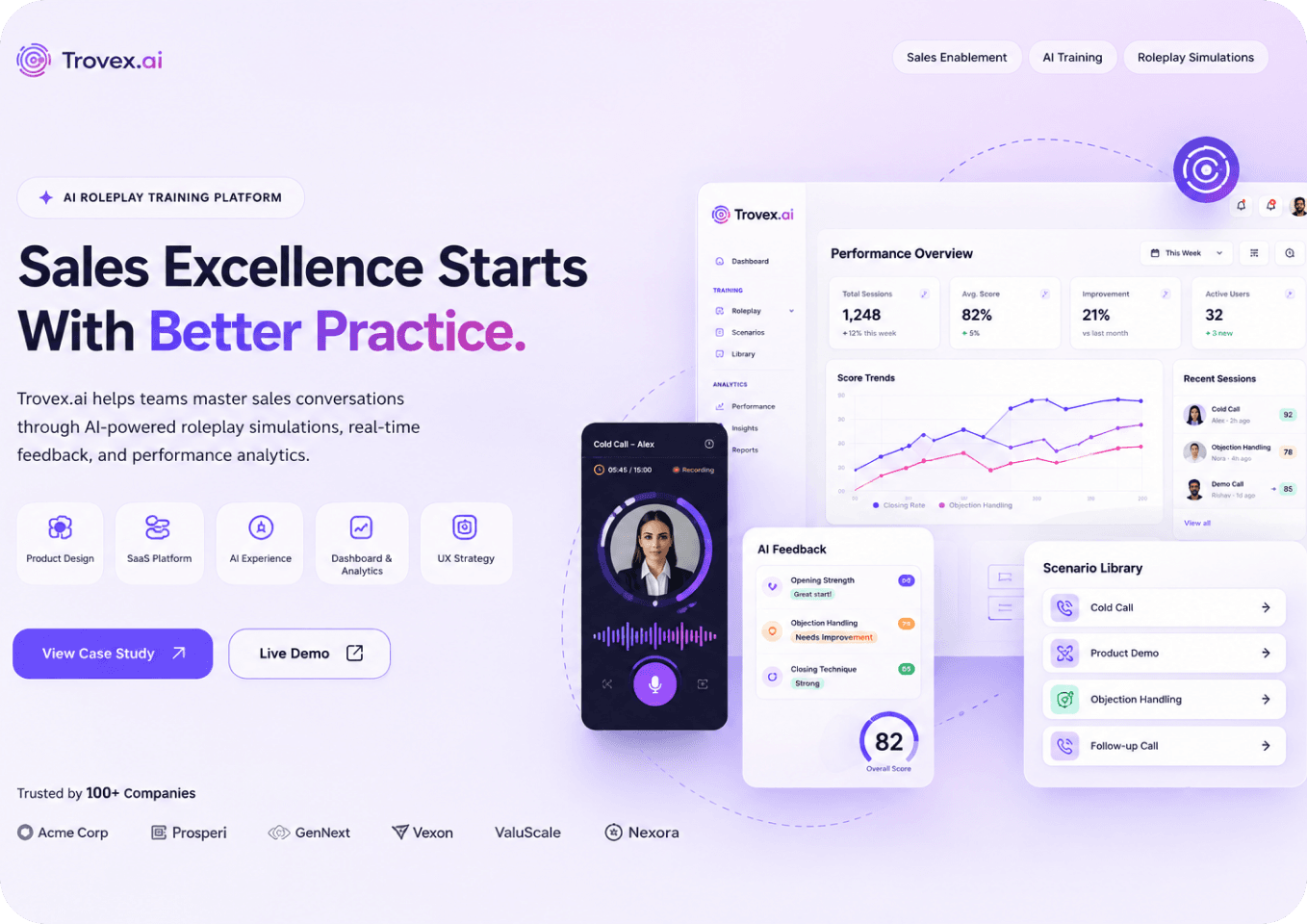 Trovex.ai — AI roleplay training platform hero with dashboard and live call UI