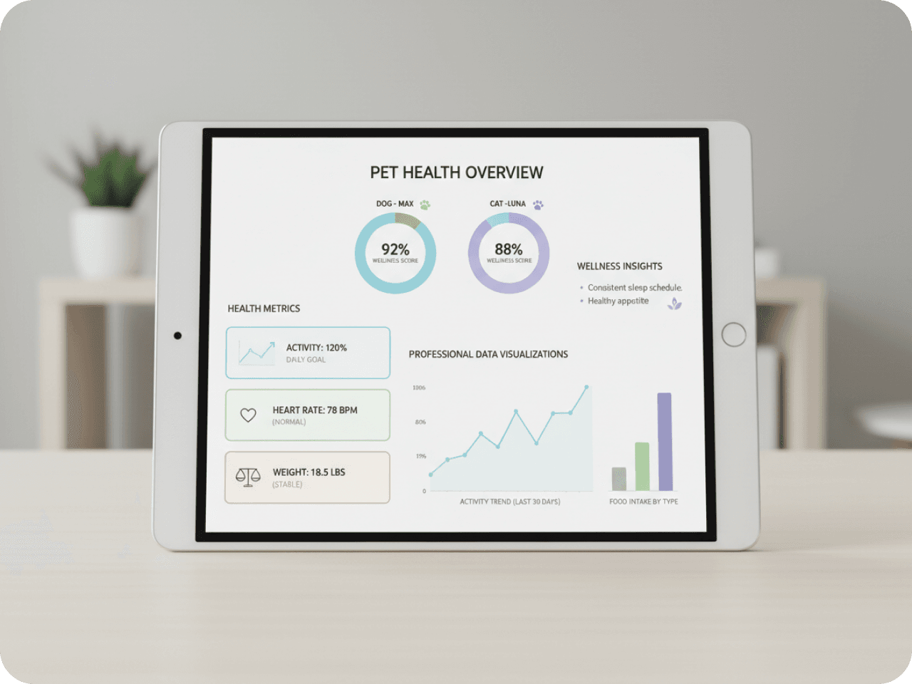 Pet health overview dashboard on a tablet — wellness scores and health metrics